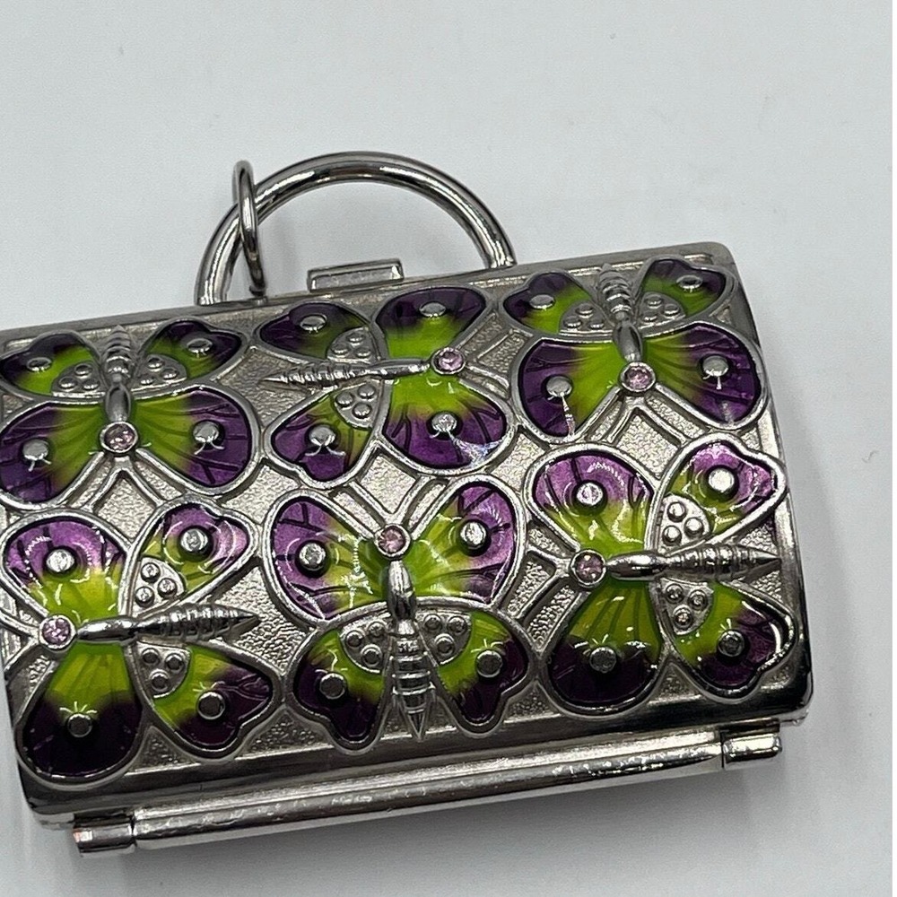 Judith Leiber Purple Green Enameled
Butterflies Motif Handbag Trinket Pill Case